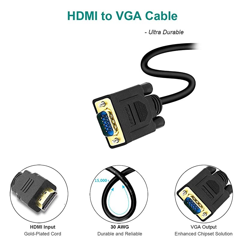 HDMI to VGA  GoldPlated HDMI to VGA 6 Feet Cable Male to Male Compatible for Computer Desktop Laptop PC Monitor Projector HDTV Raspberry Pi Roku Xbox and More