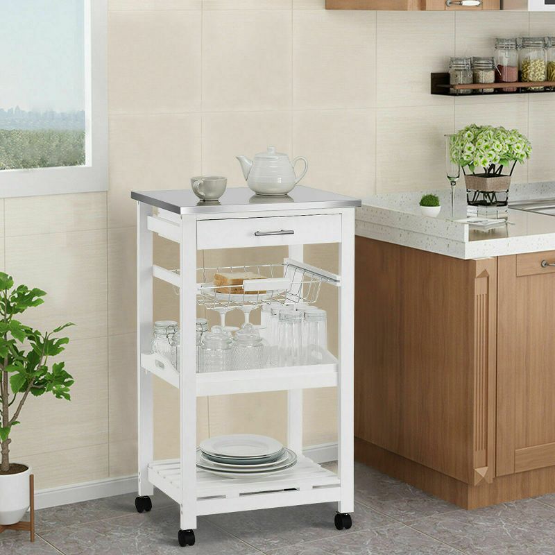 Costway Rolling Kitchen Trolley Cart Steel White Top Removable Tray W/Storage Basket &Drawers