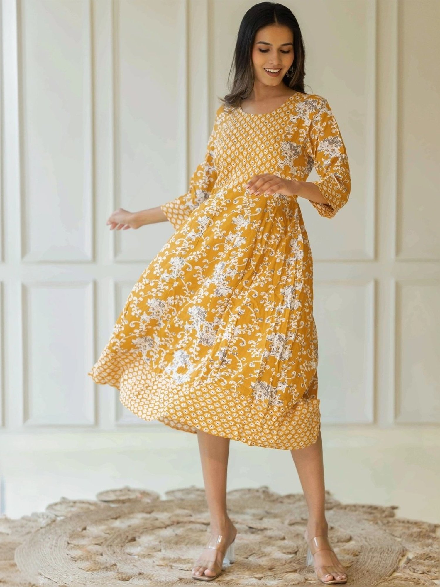 MIRCHI FASHION Yellow Cotton Printed A-Line Dress