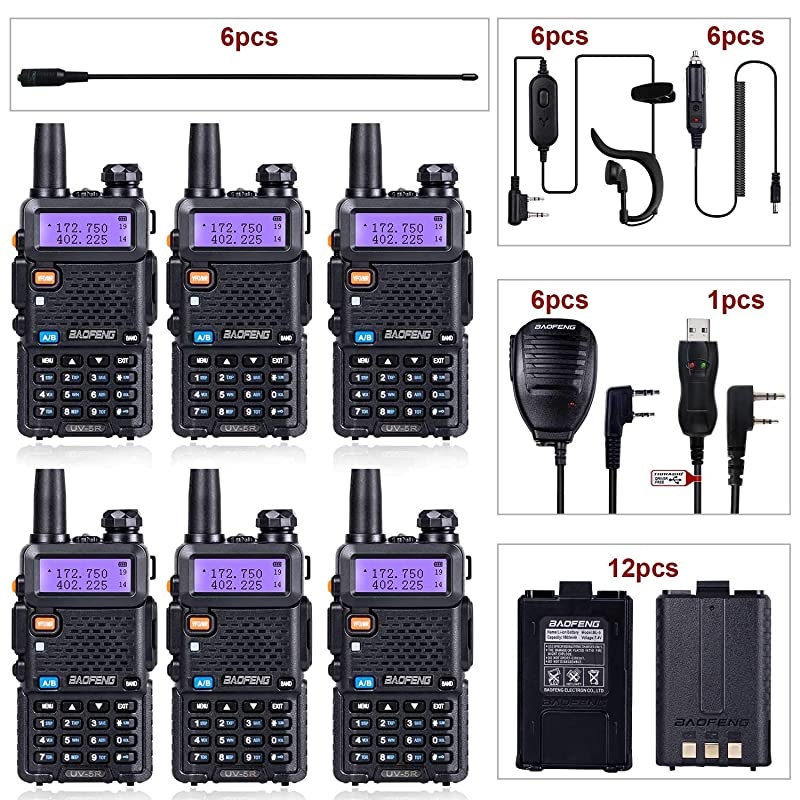 Radio UV5R Dual Band Ham Radio 6 Pack + 1 TIDRADIO Driver Free Programming Cable + 6 TD771 Antennas and Radio Mics + 12 1800mAh Batteries  Walkie Talkie