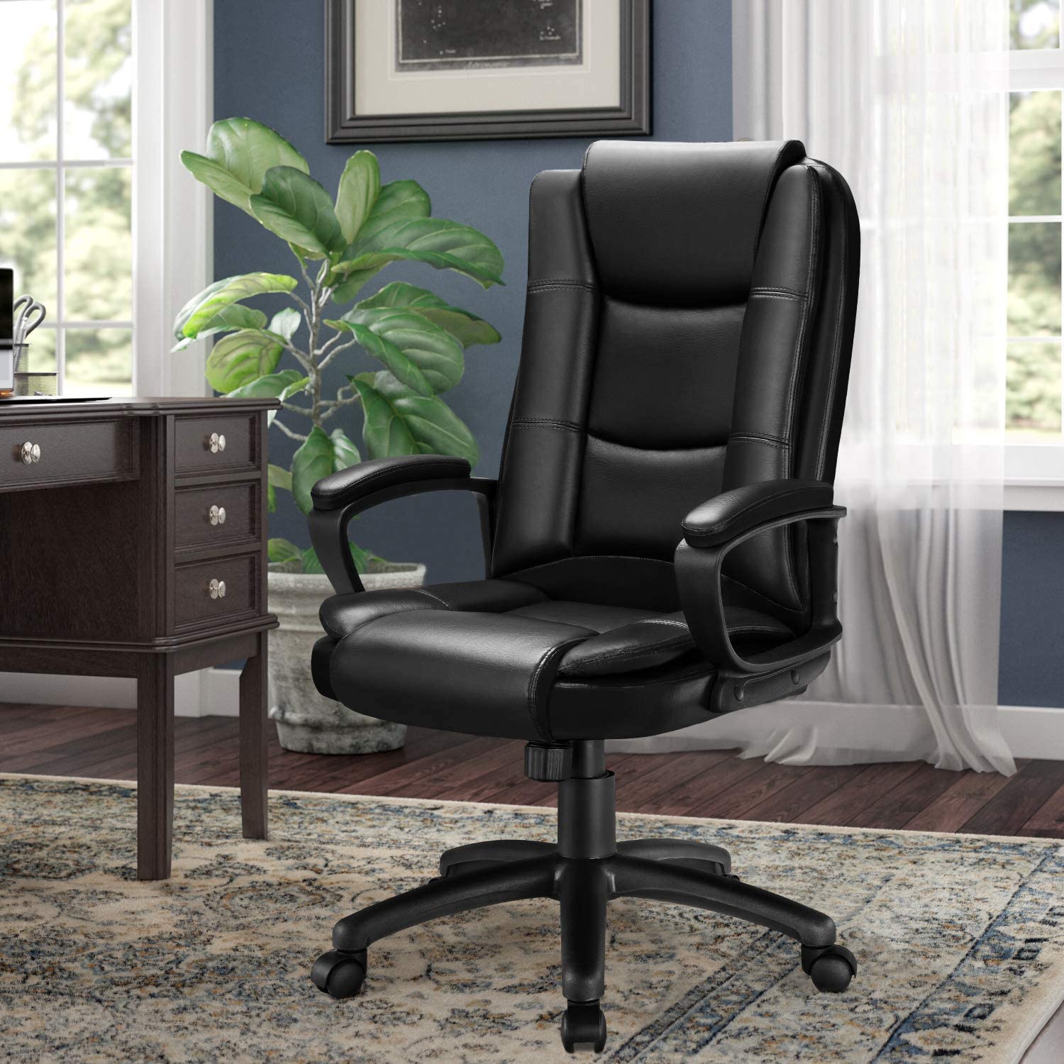 BOSSIN Home Office Chair, Ergonomic Desk Chair, Adjustable Task Chair for Lumbar Back Support, Computer Chair with Rolling Swivel and Armrest, Modern Executive High Back Leather Chairs. (Black)