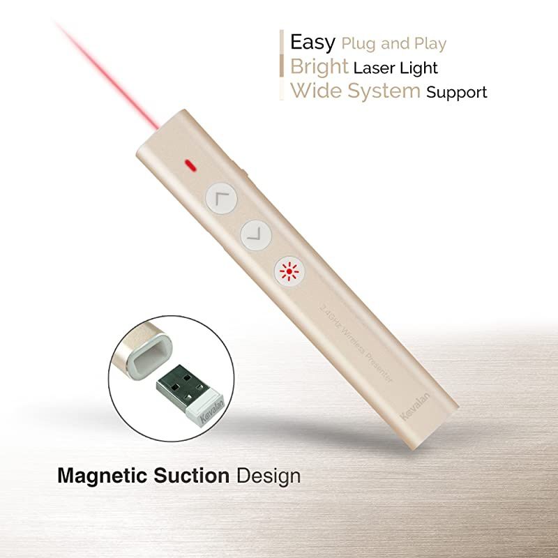 Aluminum 24G Rechargeable Wireless Presenter Remote Clicker with Red Pointer Mac Keynote and Windows PowerPoint PPT Clicker Office Presentation Pointer Gold