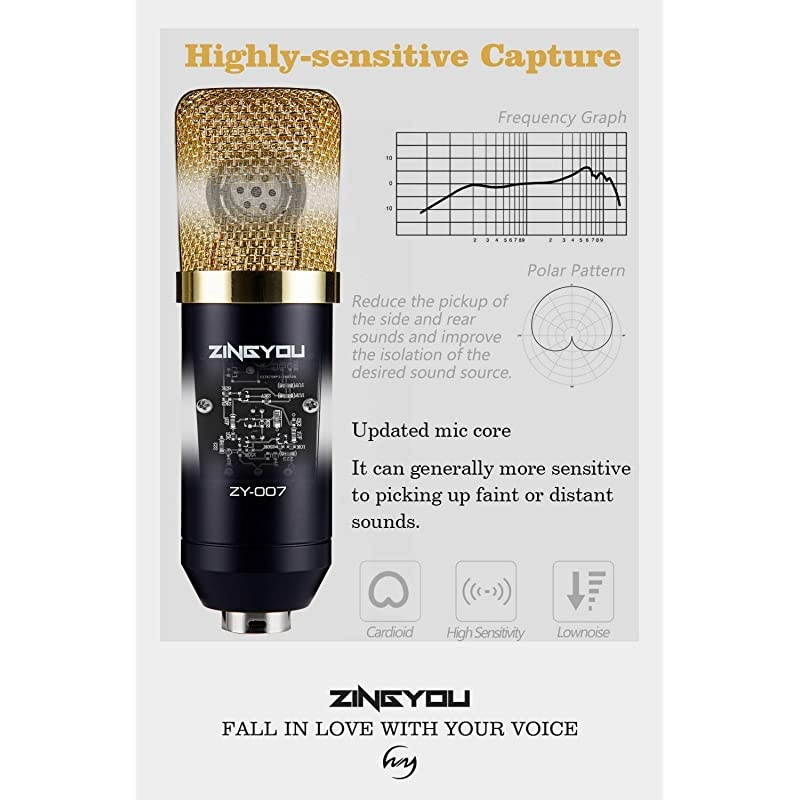 Condenser Microphone Bundle, ZY-007 Professional Cardioid Studio Condenser Mic Include Adjustable Suspension Scissor Arm Stand, Shock Mount and Pop Filter, Studio Recording & Broadcasting