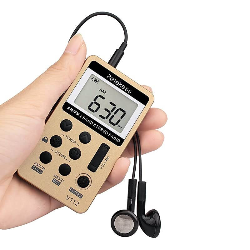 V112 AM FM Radio Portable Mini Radio with Earphone Pocket Digital Tuning Rechargeable Battery LCD Display for Walking JoggingGold