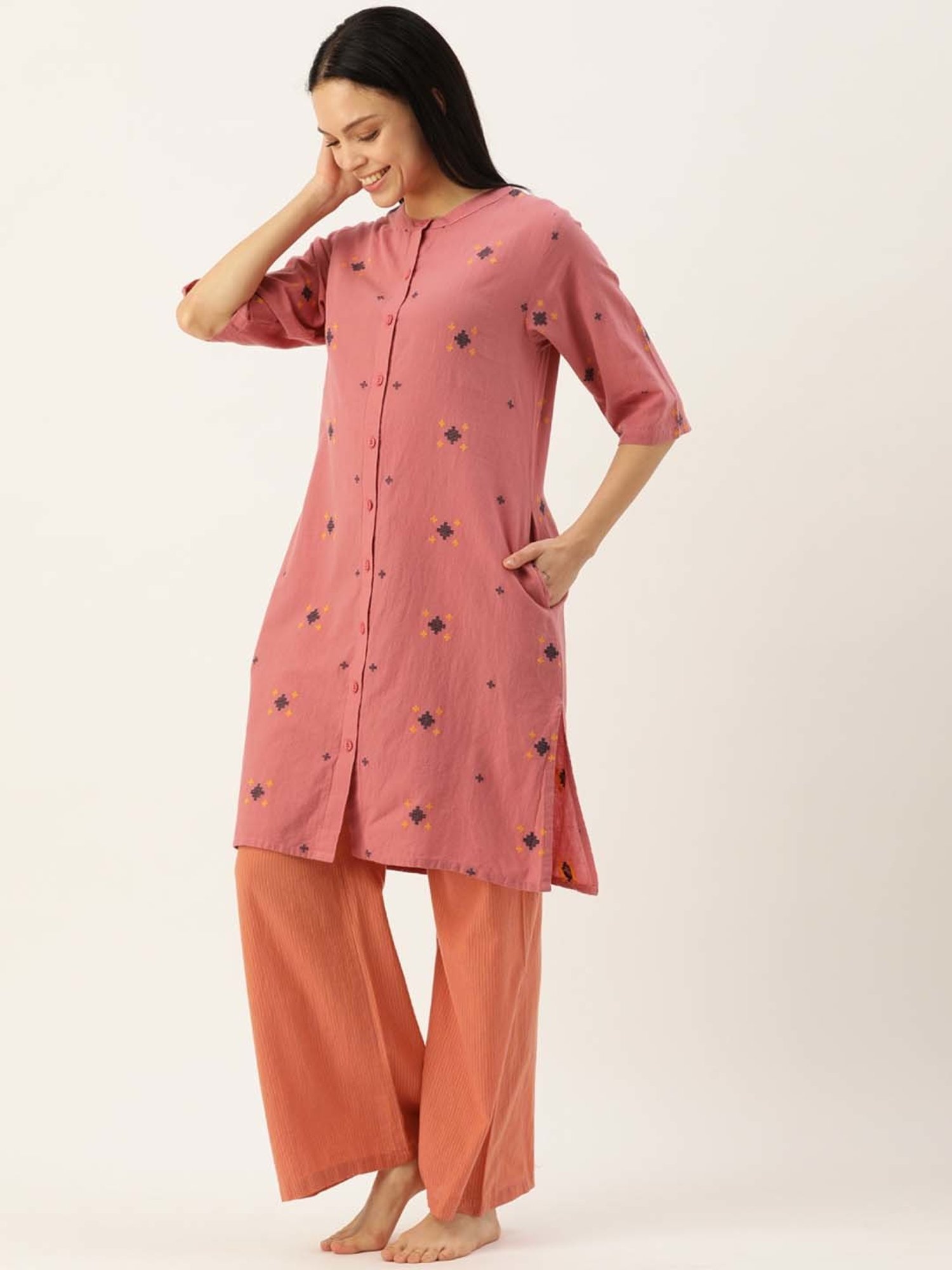 Clt.s Peach Cotton Embroidered Kurta Palazzo Set
