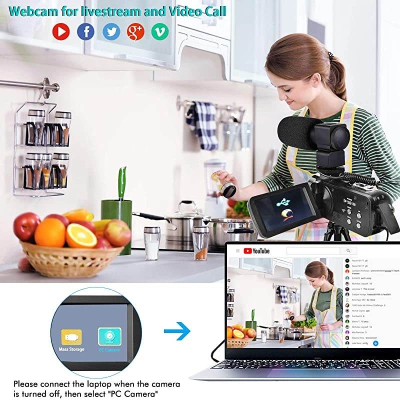 Ultra HD Video Camera Camcorder with Rechargeable Microphone 1080P 26MP WiFi Vlogging Camera YouTube Digital Camera IPS Touch Screen Remote Control IR Night Vision, Wide Lens