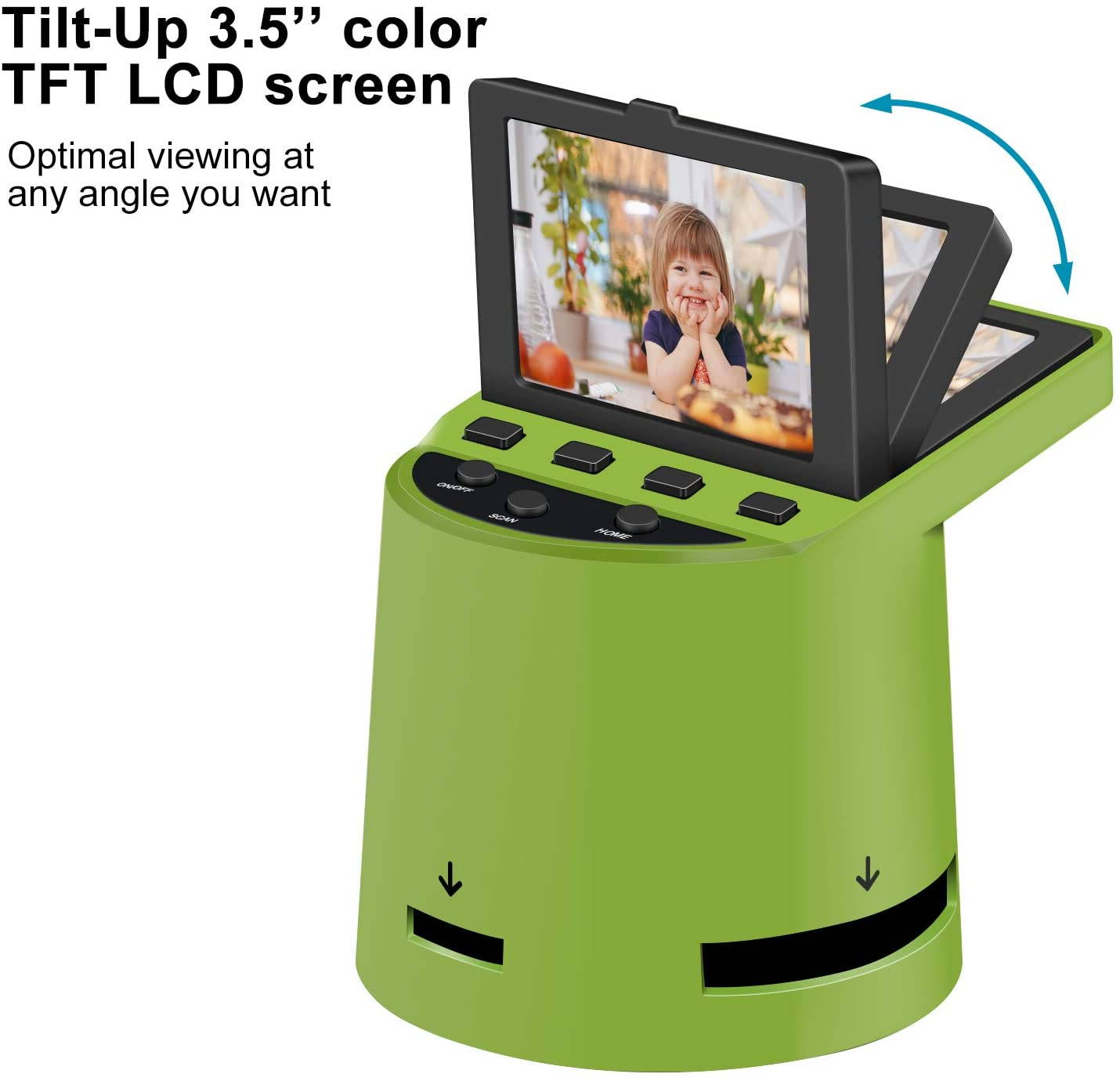 Unique Digital Film Scanner with 22MP, Converts 35mm, 126, 110, Super 8 Films, Slides, Negatives to JPEG, Tilt-Up 3.5" LCD, Transfer Pictures to Phones Via WiFi Connection, MAC and PC Compatible