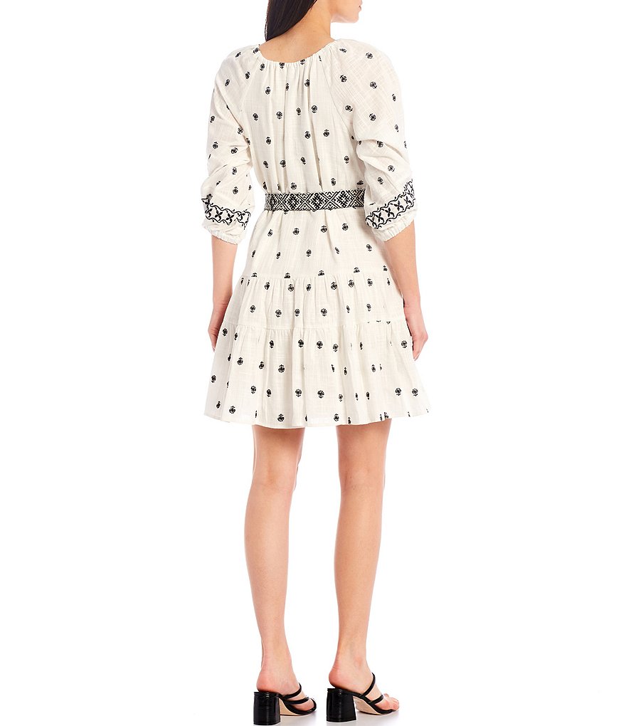 A Loves A Embroidered 3/4 Sleeves Belted Round Neck Boho Dress