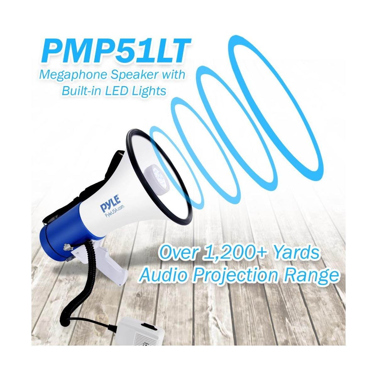 Pyle Portable Compact PA Megaphone Speaker w/ LED Flashlight, Alarm Siren, Adjustable Volume, 50W Handheld Lightweight Bullhorn w/ Detachable Mic, Battery Powered, For Indoor Outdoor Use (PMP51LT)