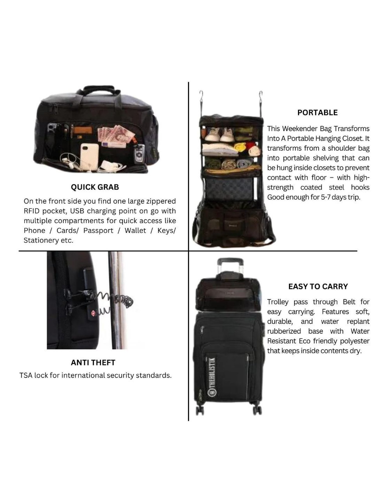 THE HOLISTIK Black Large Wanderer Expandable Duffel Bag