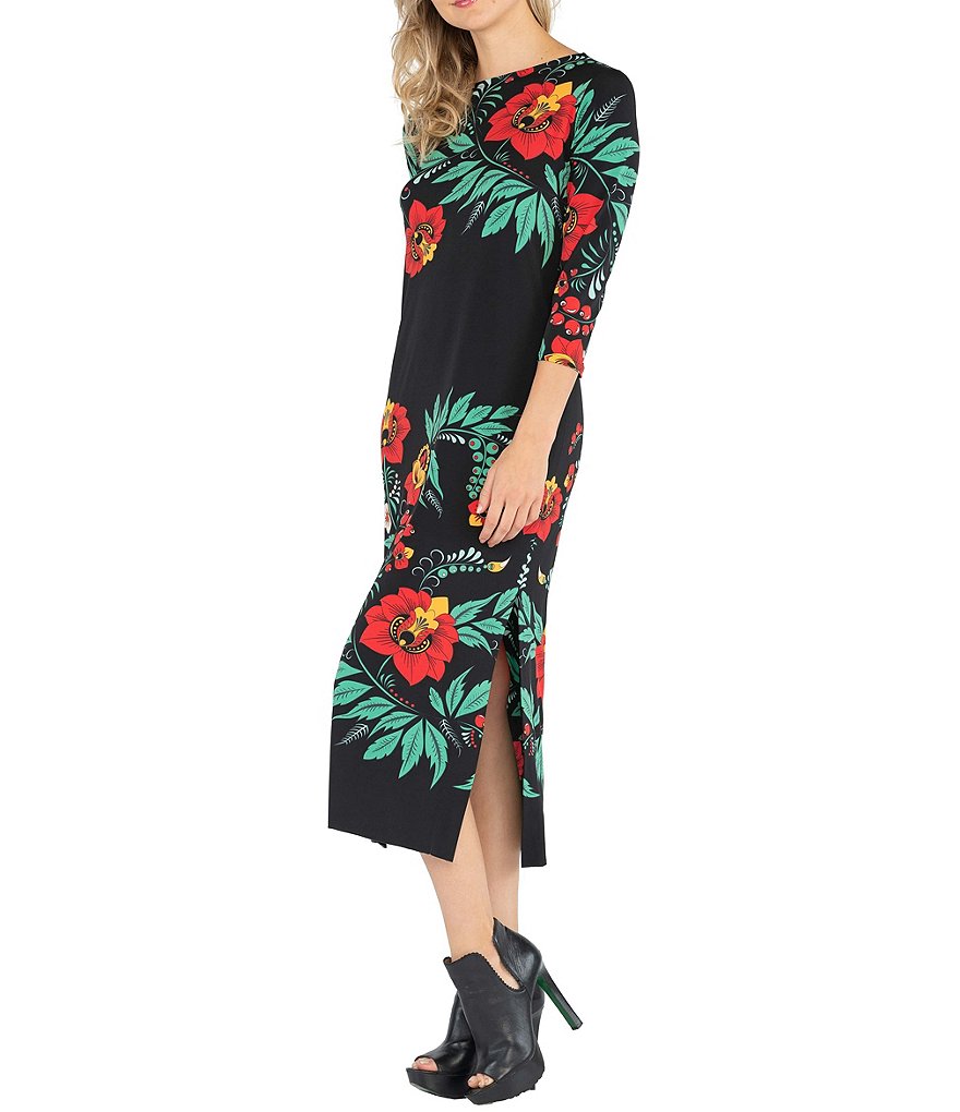 Eva Varro Floral Vine Placement Print Knit Side Slit Midi Dress