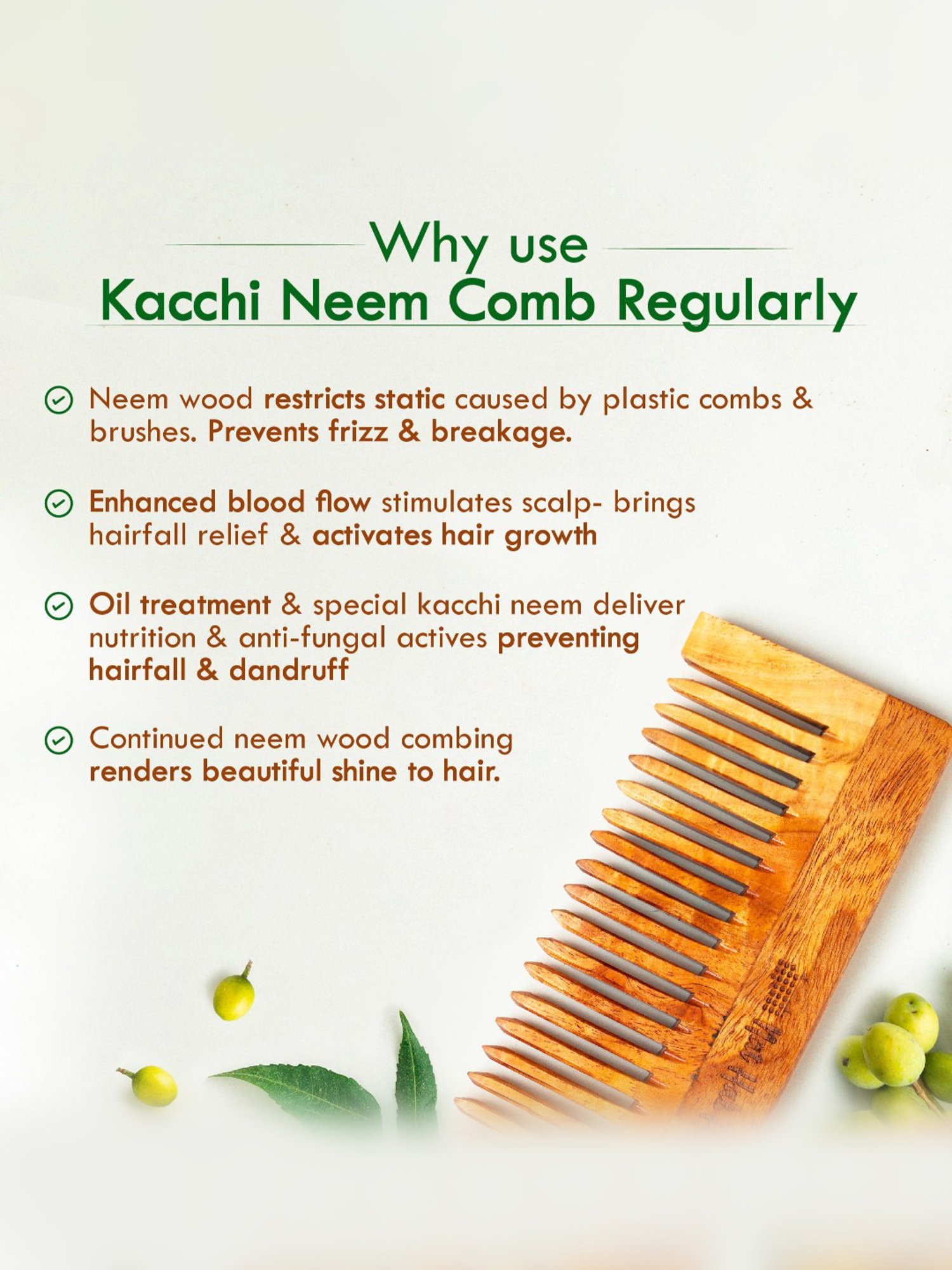 Nat Habit Kacchi Neem Wooden Wide Tooth Comb - Large