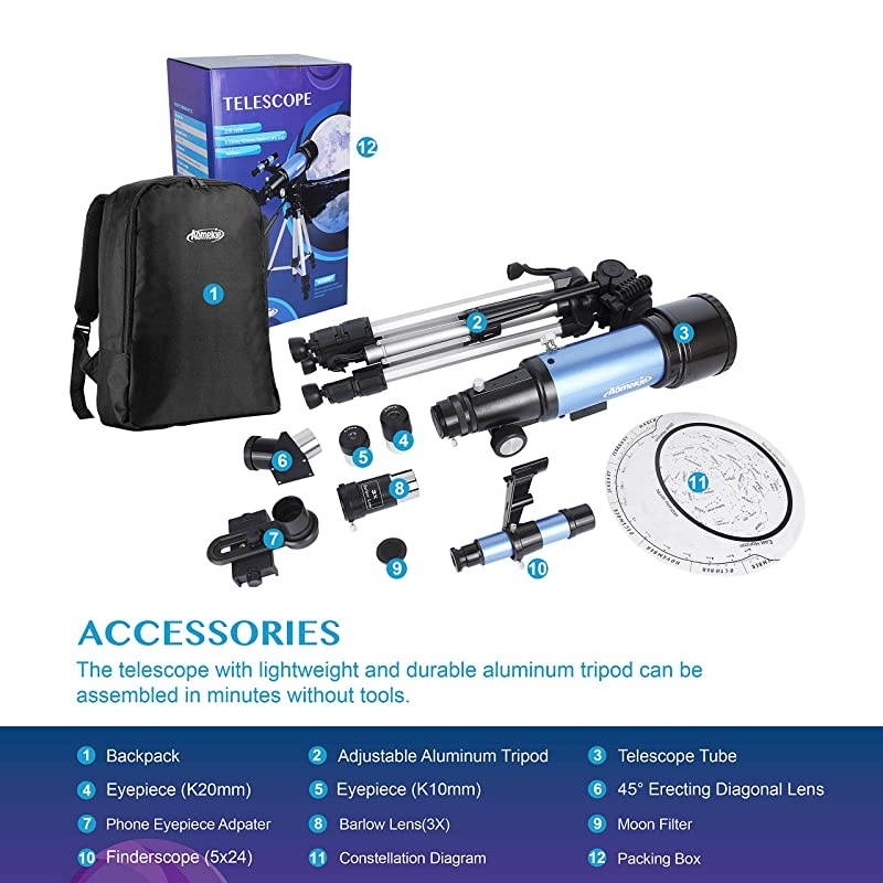 Telescope for Adults Kids Astronomy Beginners 70mm Refractor Telescopes with Adjustable Tripod 10X Phone Adapter 3X Barlow and Backpack