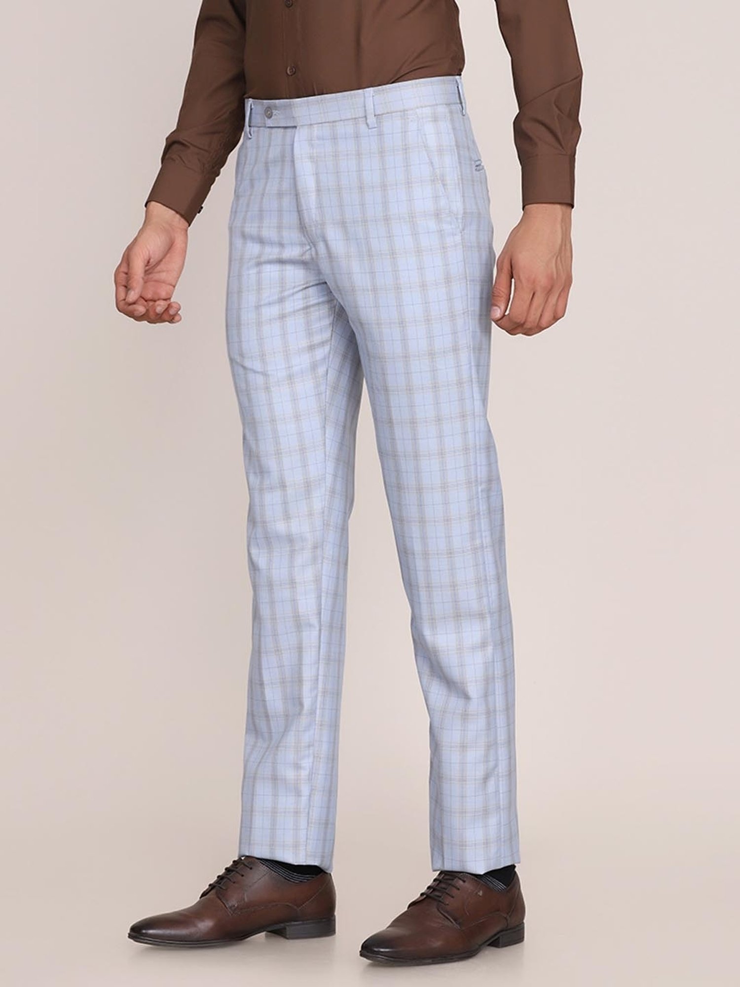 TAHVO Blue Cotton Regular Fit Checks Trousers