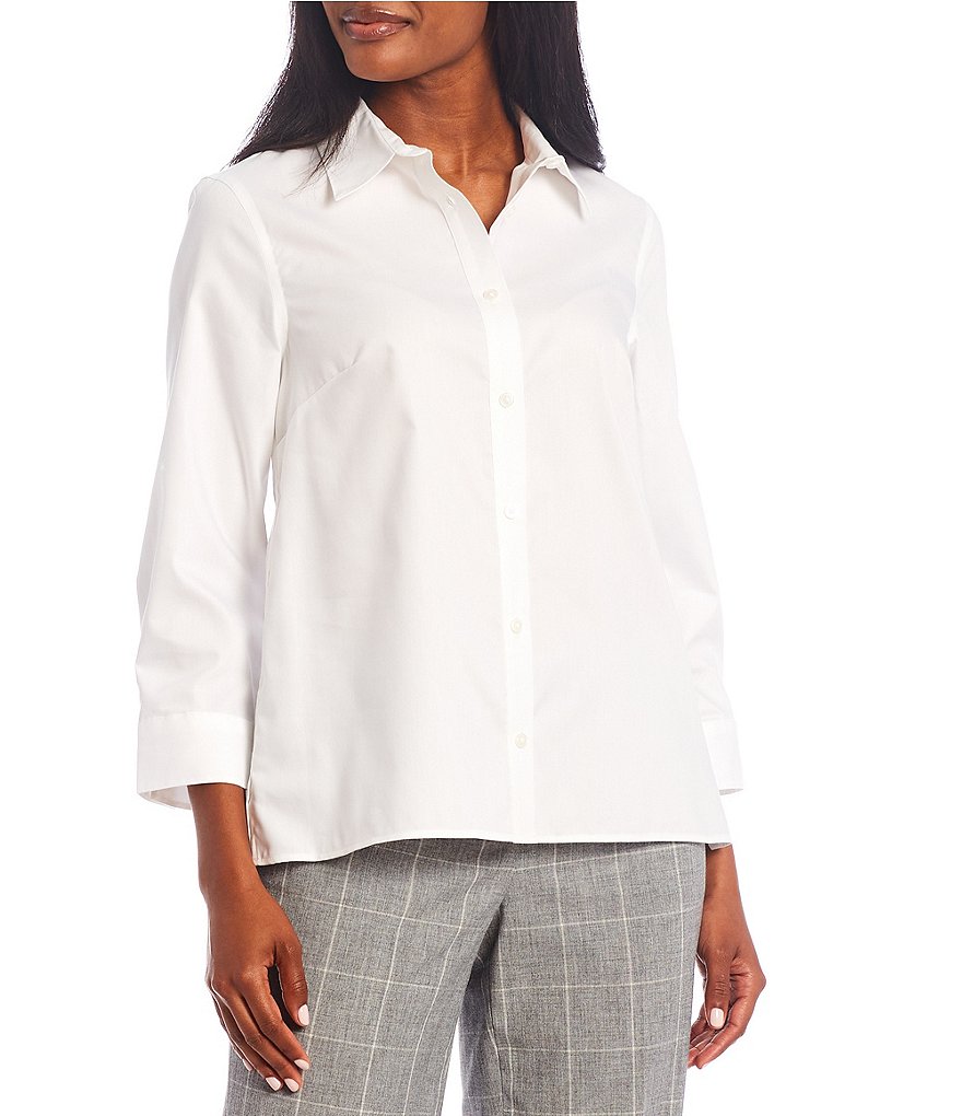 Kasper Oxford Shirting Point Collar Neck Long Button Cuff Sleeve Hi-Low Top