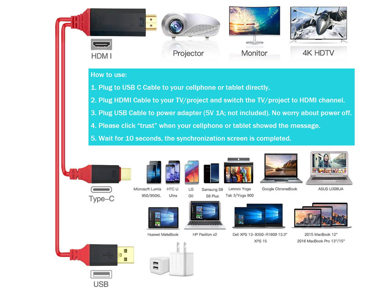 USB C to HDMI Cable 4K 60Hz, USB Type C to HDMI Adapter with Charging Cable Thunderbolt 3 to HDMI to TV/Monitor for Samsung Galaxy S8 S9 Plus Note 8, Macbook Pro 2017, iMac, ChromeBook Pixel LG G5