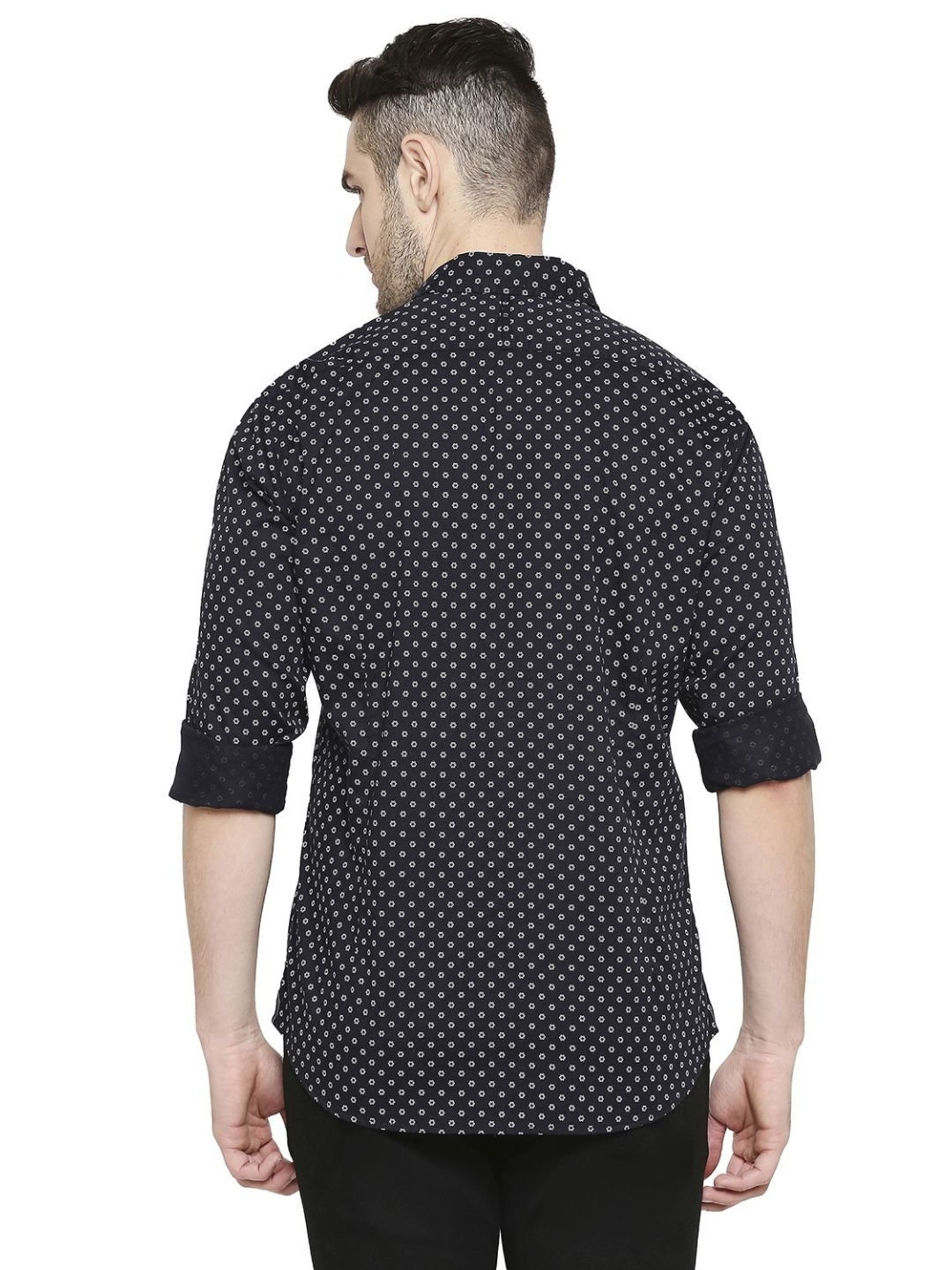 Basics Black Cotton Slim Fit Printed Shirt