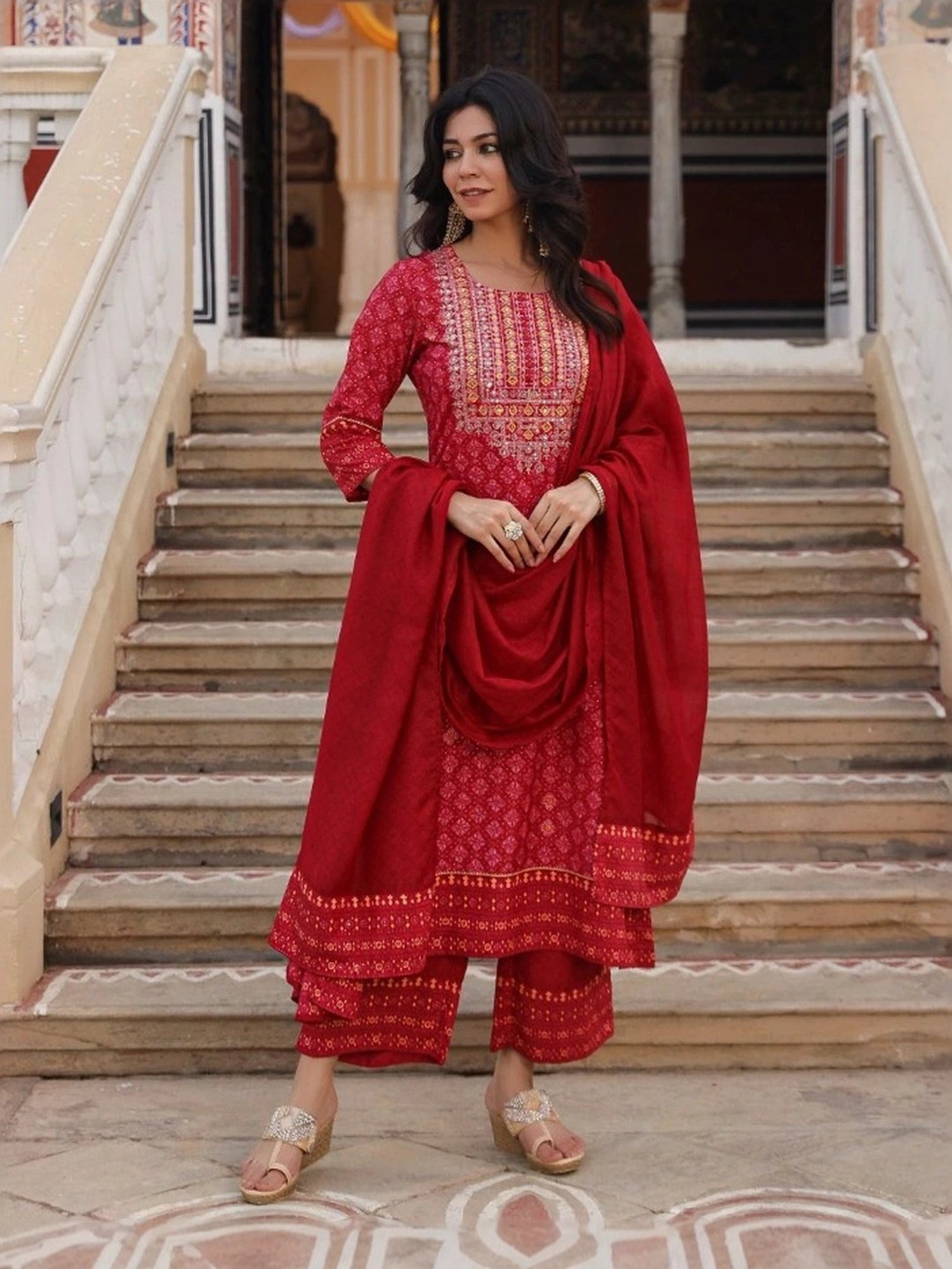 Juniper Red Cotton Embellished Kurta Pant Set With Dupatta