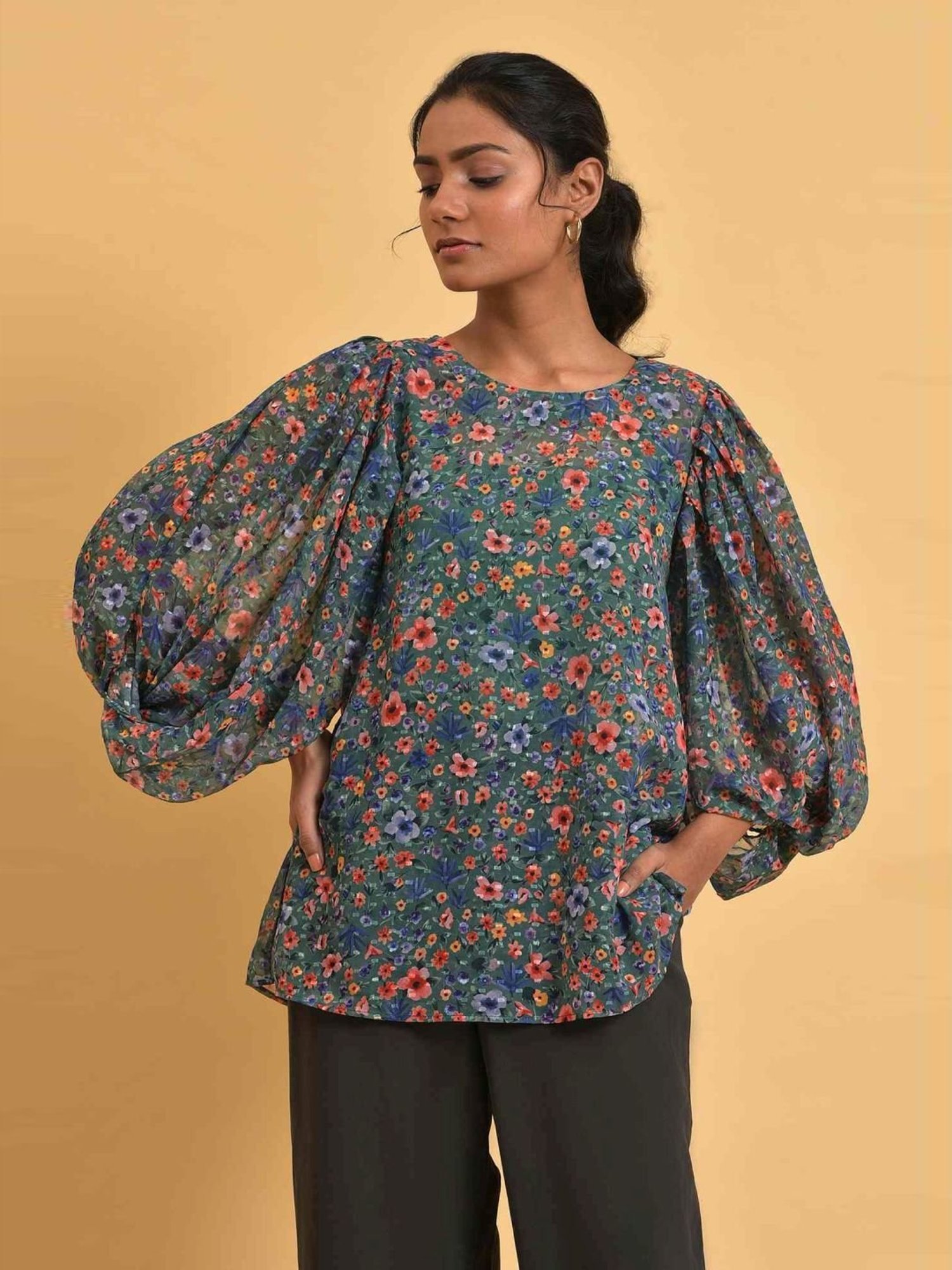 W Green Floral Print Top