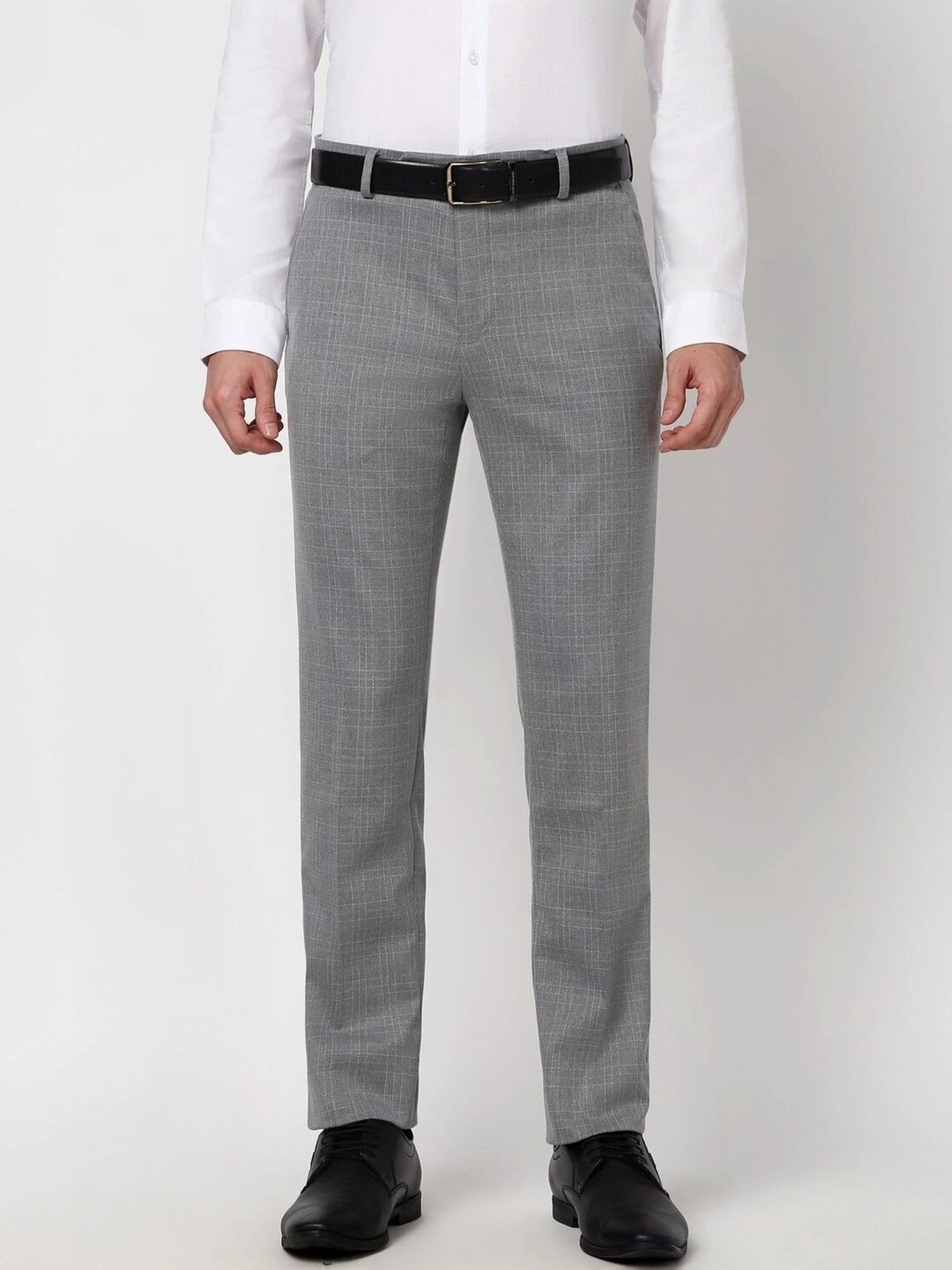Peter England Grey Slim Fit Checks Trousers