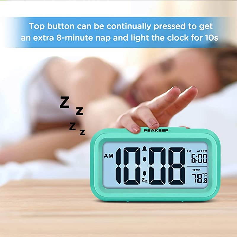 Battery Operated Smart Night Light Digital Alarm Clock with Indoor Temperature Mint