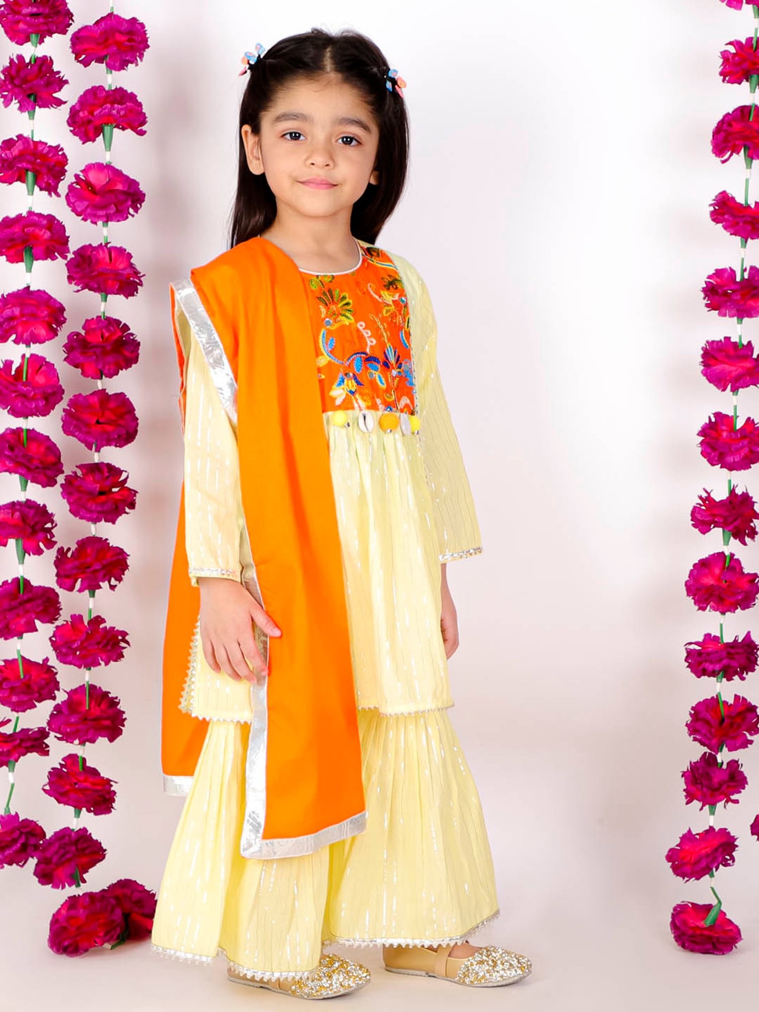 Little Bansi Kids Yellow Striped Kurta, Sharara with Dupatta