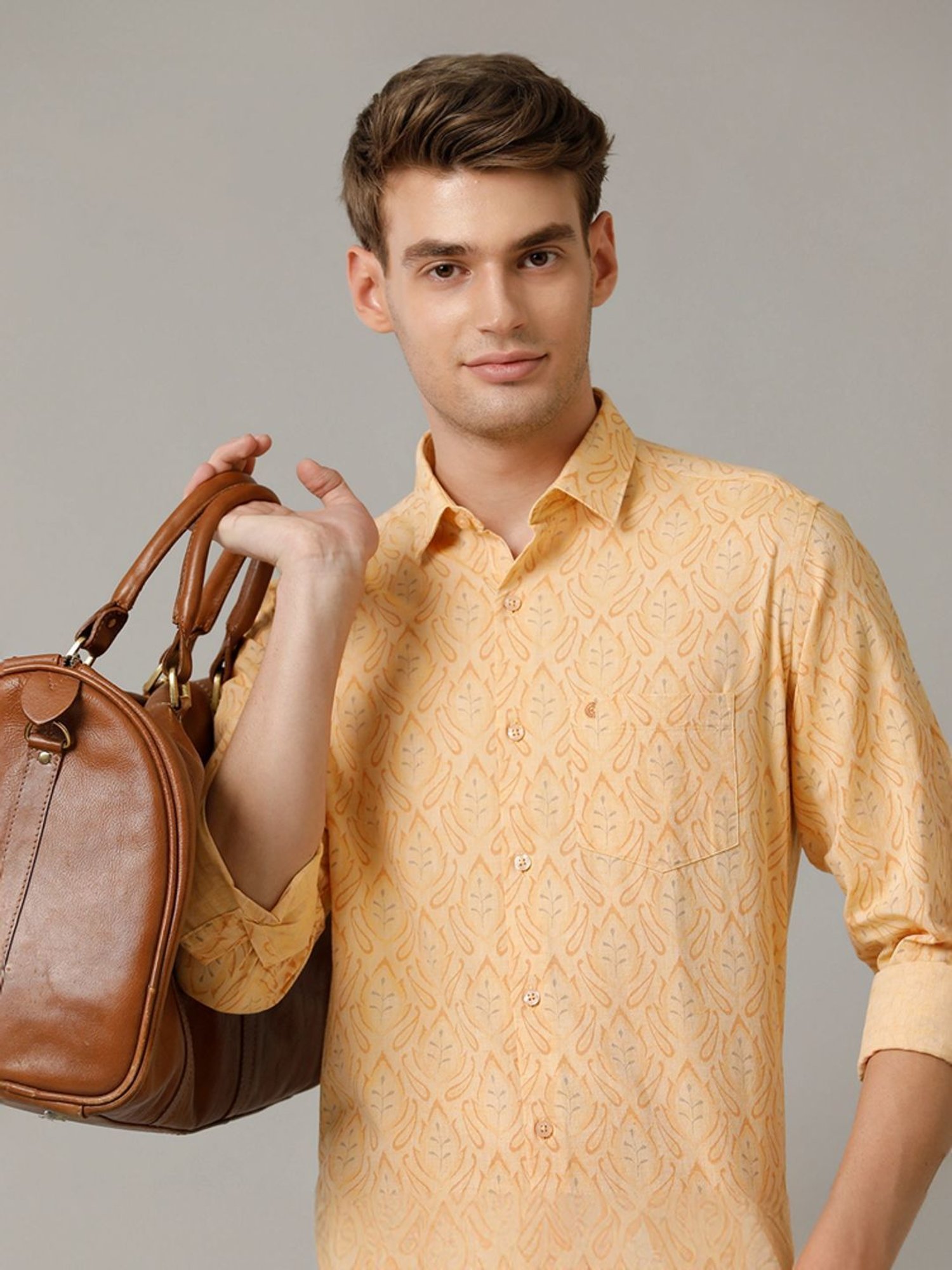 Cavallo By Linen Club Orange Linen Contemporary Fit Printed Shirt
