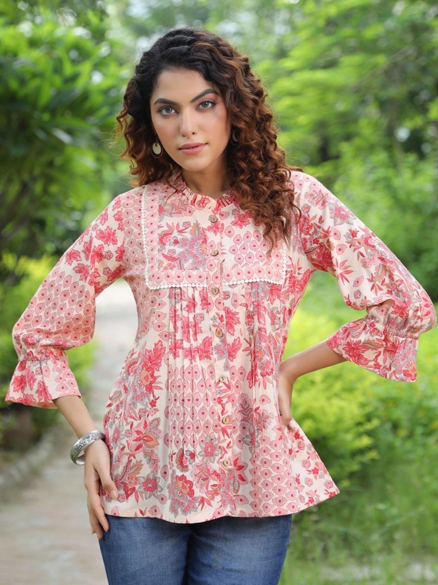 Rain and Rainbow Peach Cotton Floral Print Top