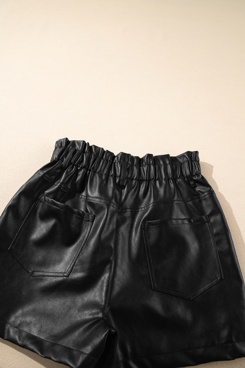 Black Faux Leather Paper Bag Frill Waist Shorts