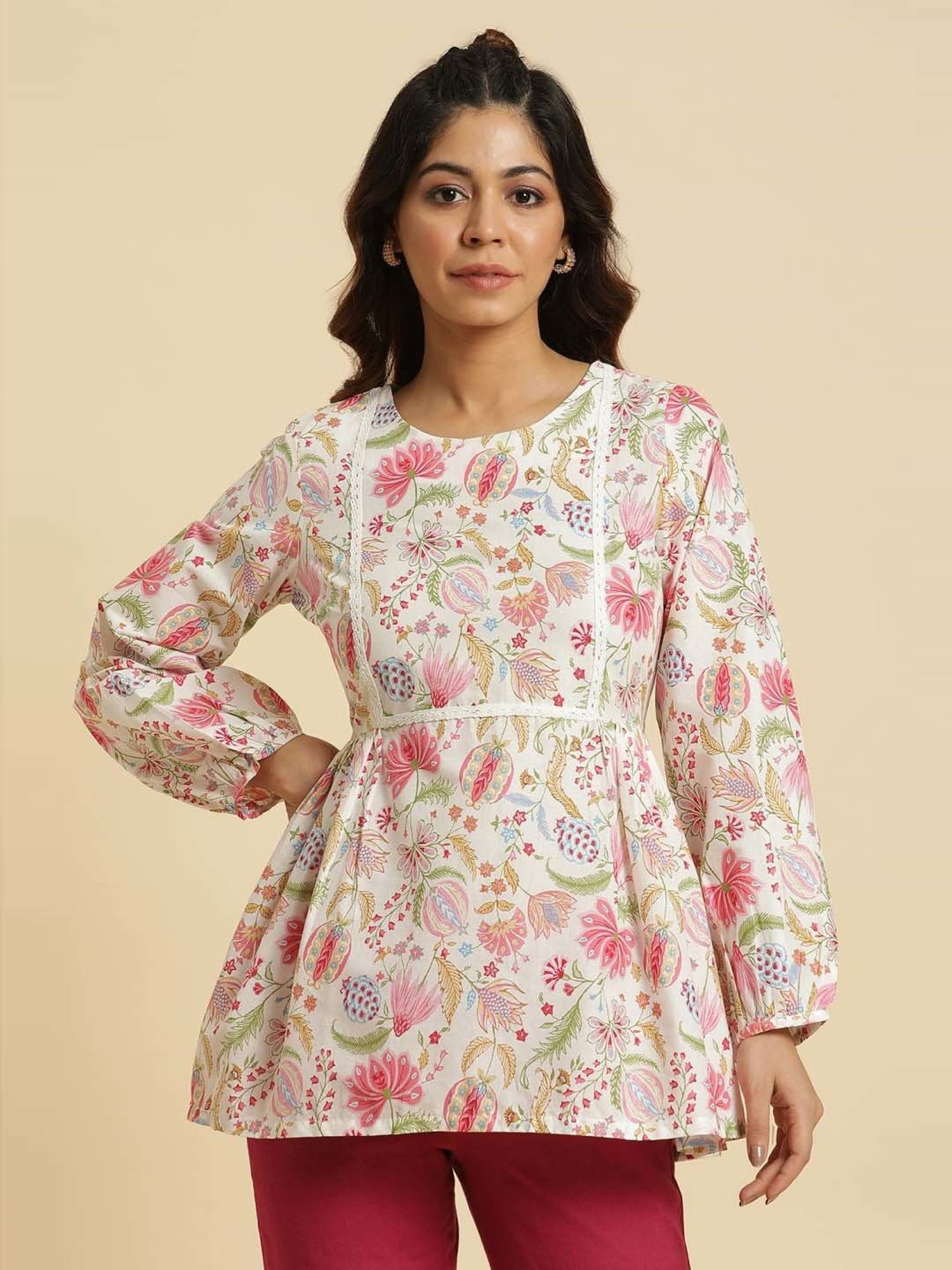 W Off-White Cotton Printed Top