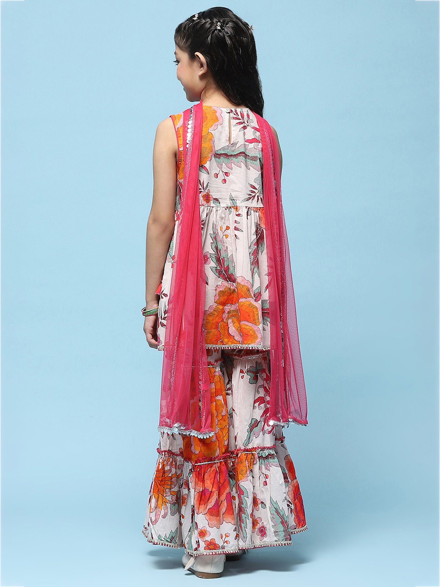 BIBA Girls White & Pink Printed Kurta, Sharara with Dupatta