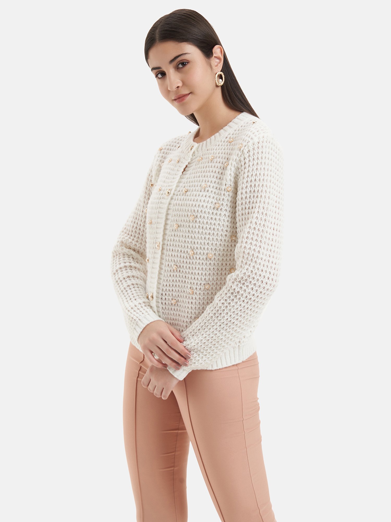 Kazo White Wool Embellished Cardigan