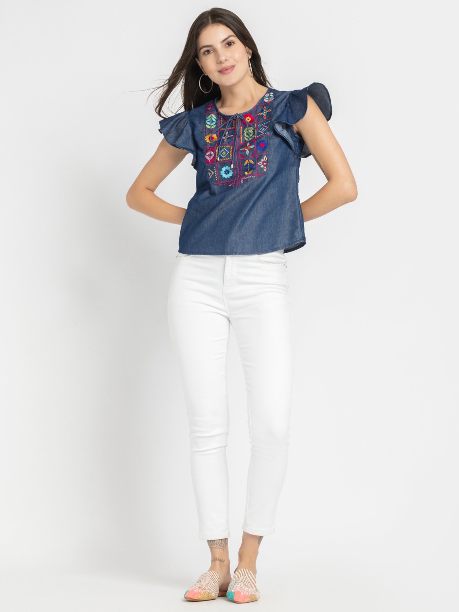SHAYE Blue Denim Embroidered Top