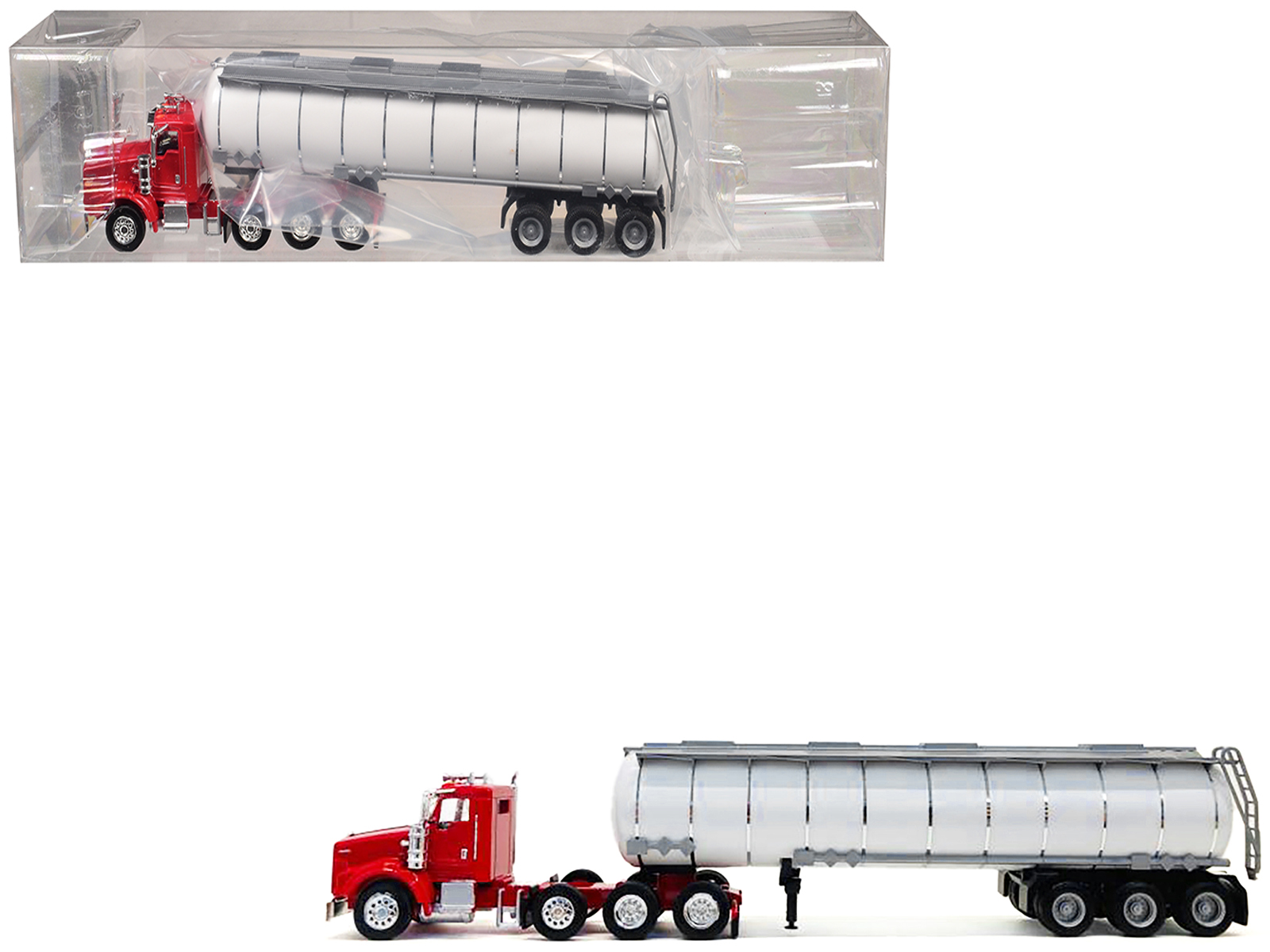 Kenworth T800 Tag Axle Red with White Chemical Tanker Trailer 1/87 (HO) Plastic Model Car by Promotex