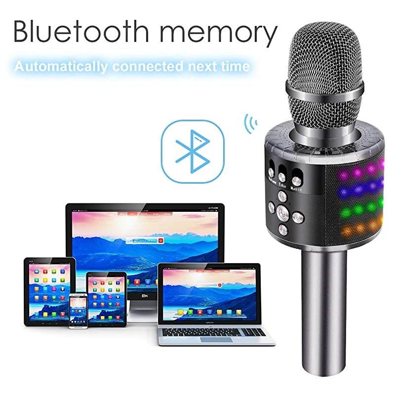 Wireless Bluetooth Karaoke Microphone with Controllable LED Lights Portable Handheld Karaoke Speaker Machine Christmas Birthday Home Party for AndroidiPhonePC or All SmartphoneSpace Gray