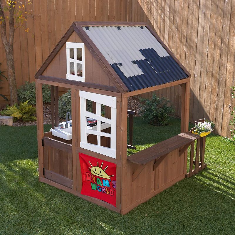 KidKraft Ryan's World Kids Toddlers Outdoor Backyard Playhouse Playset w/ Kitchen and Door, Wood and Plastic Construction, Brown