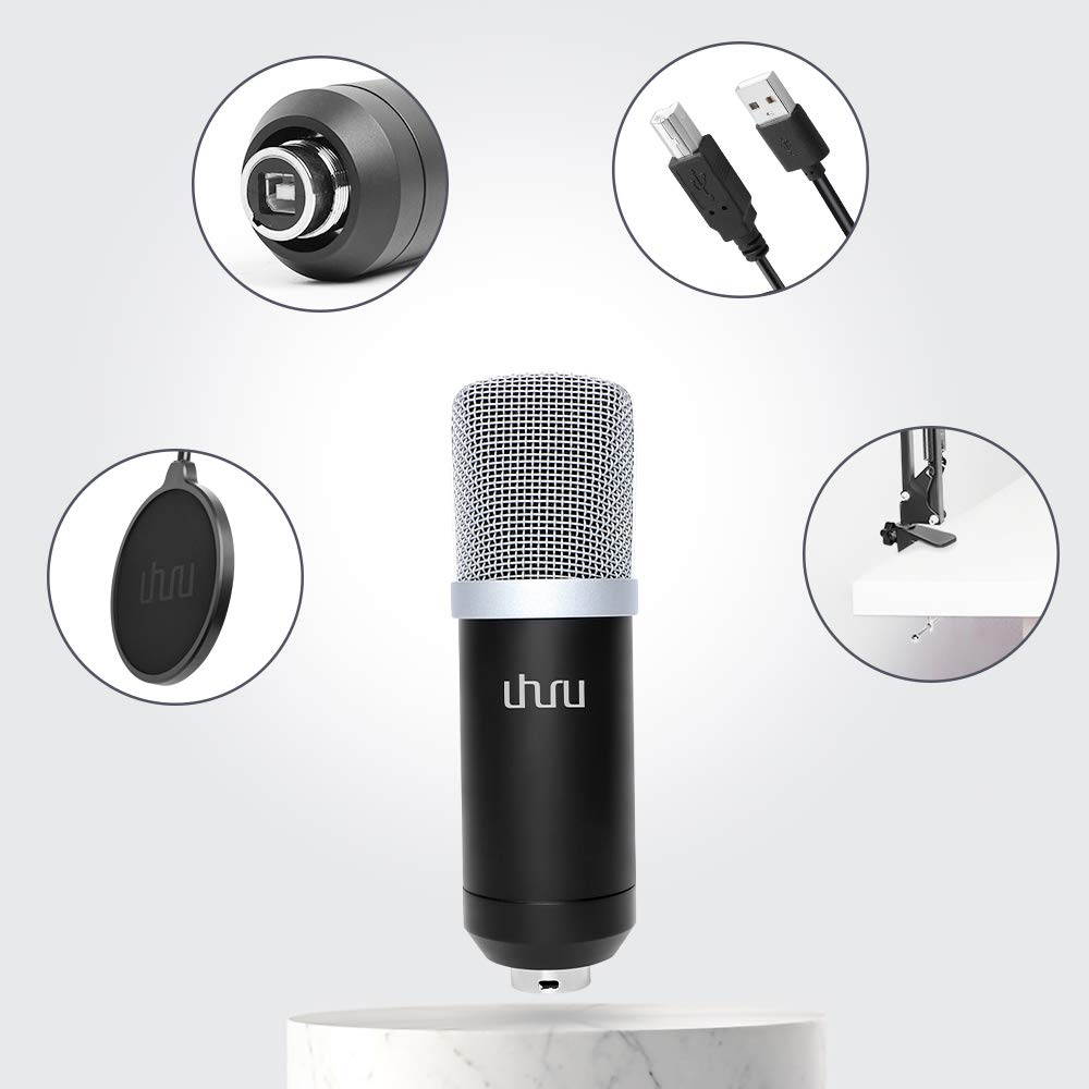 USB Podcast Condenser Microphone 192kHZ/24bit, UHURU Professional PC Streaming Cardioid Microphone Kit with Boom Arm, Shock Mount, Pop Filter and Windscreen, for Broadcasting, Recording, YouTube