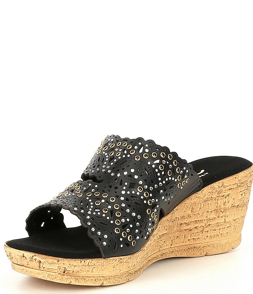 Onex Theresa Leather Perforated Studded Cork Wedge Slides