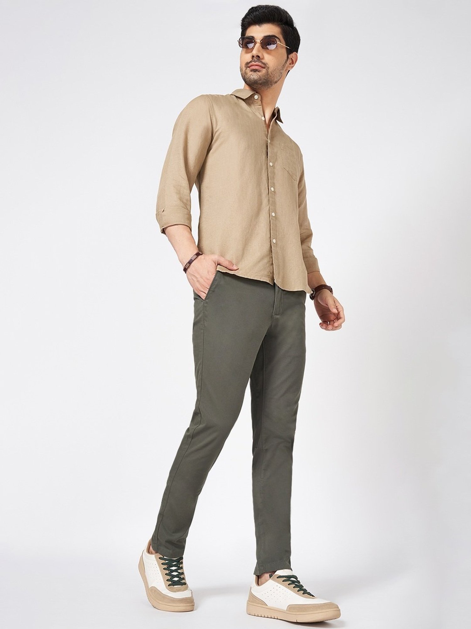 Byford By Pantaloons Green Cotton Slim Fit Texture Trousers