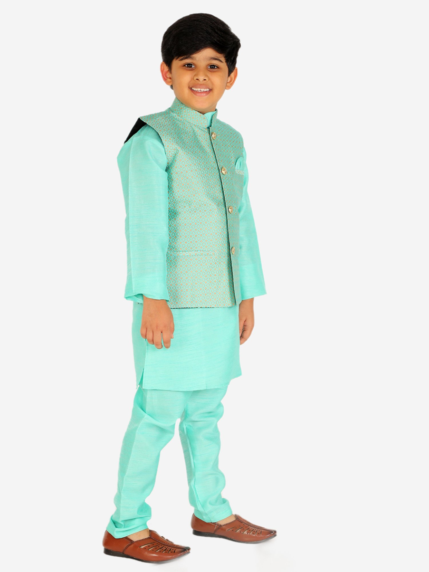 Pro-Ethic Style Developer Kids Mint Green Printed Full Sleeves Kurta, Waistcoat with Pyjamas