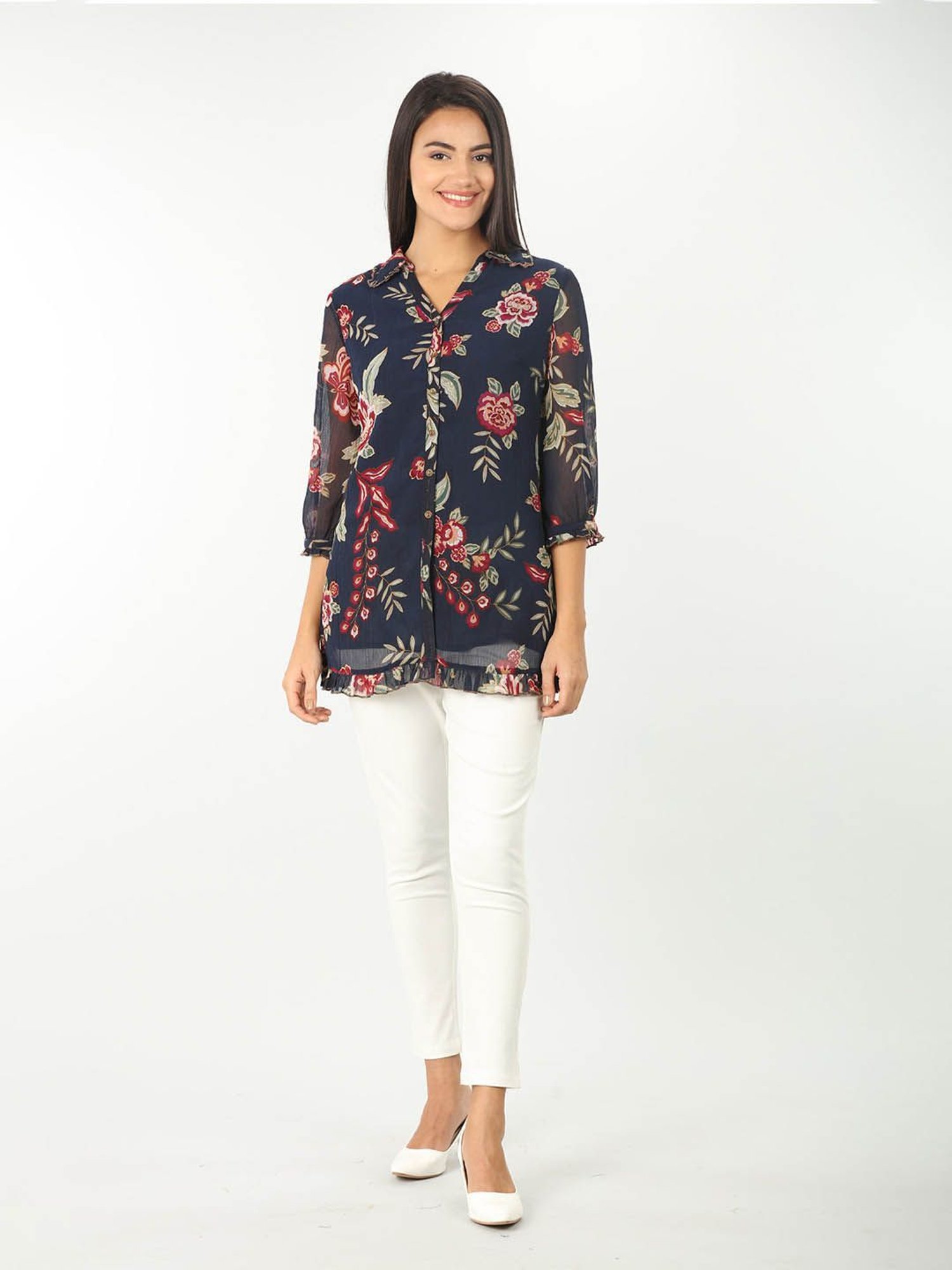 Mustard Navy Floral Print Shirt
