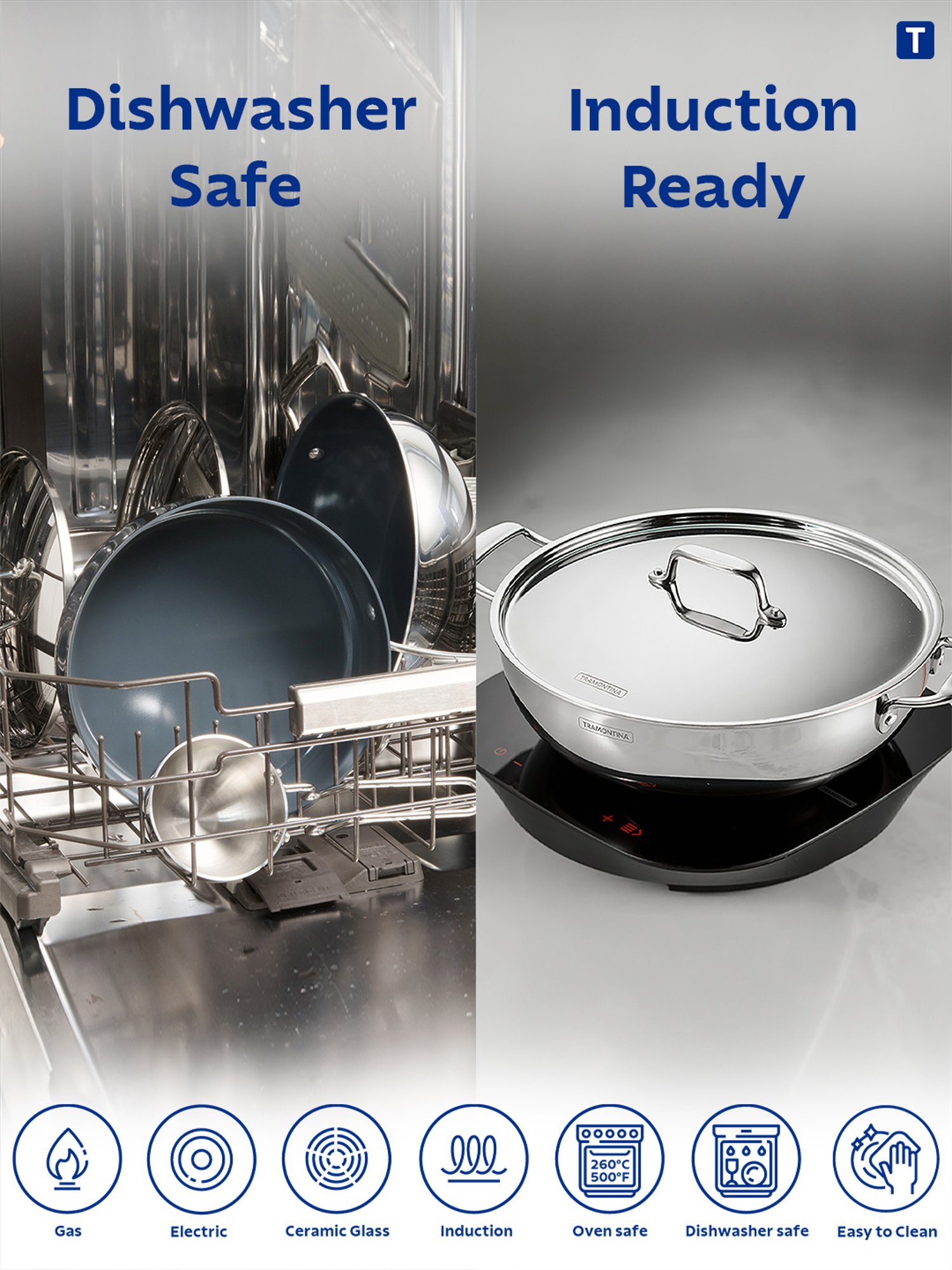 Tramontina Fusao Non-Toxic Triply Stainless Steel Ceramic Kadai with lid 24cm/2.6L Induction Base