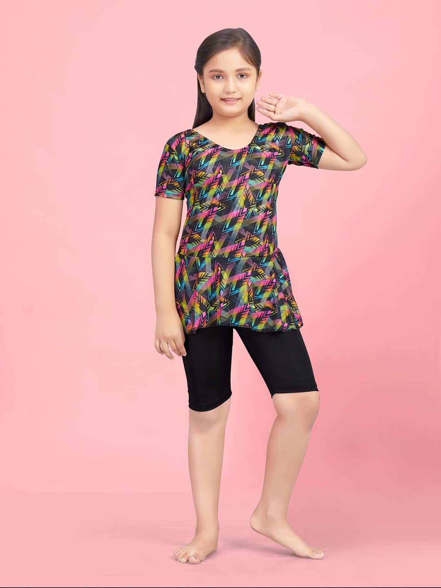 Aarika Kids Pink & Black Printed Swimming Top Set