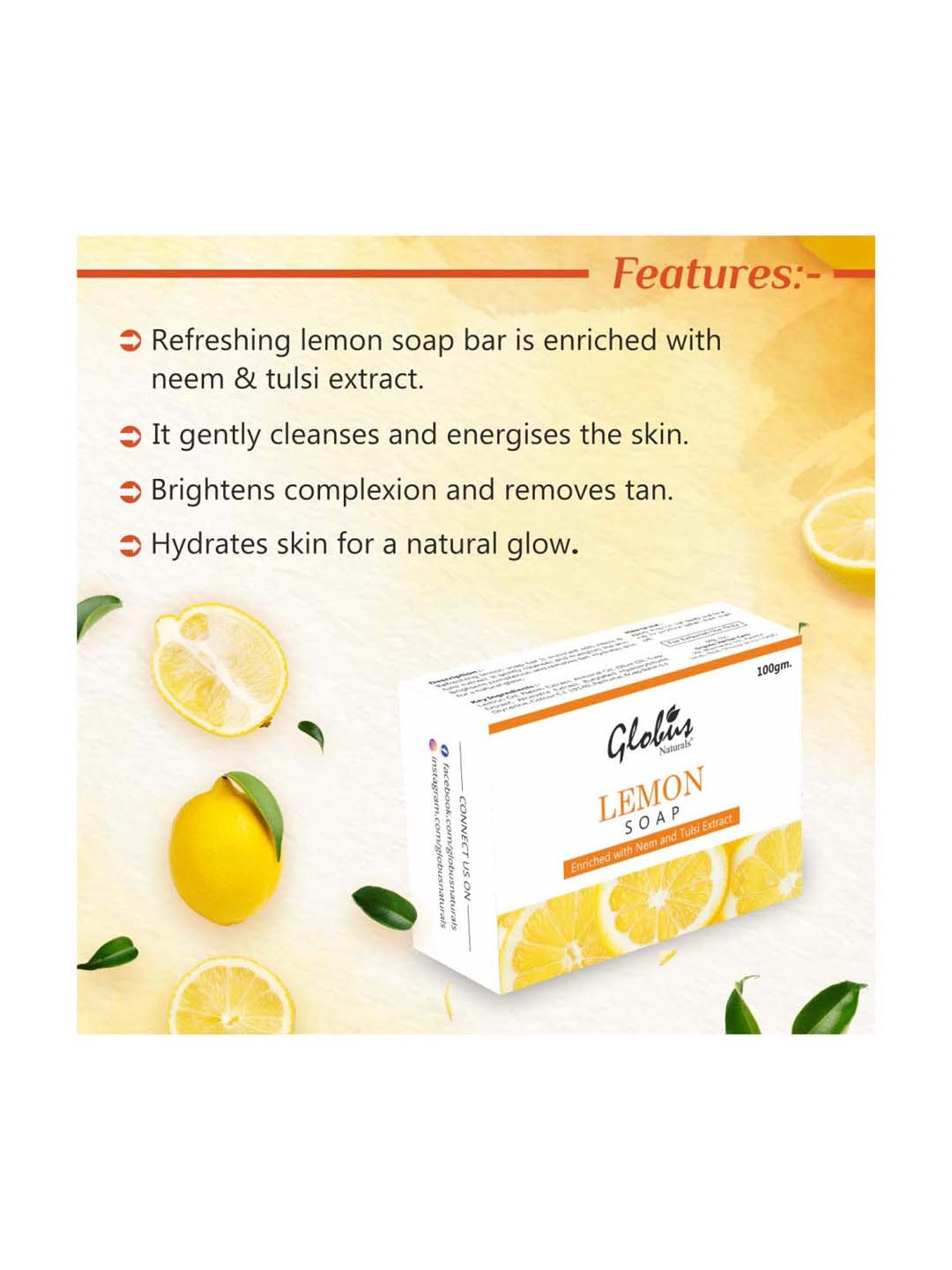 Globus Naturals Lemon Soap Enriched with Neem & Tulsi Extract - 100 gm (Pack of 4)