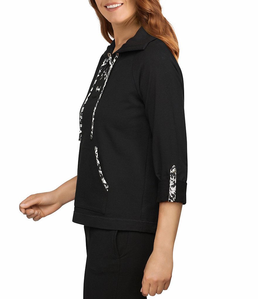 Ruby Rd. Contrast Lace Up Front 3/4 Roll-Tab Sleeve Pullover