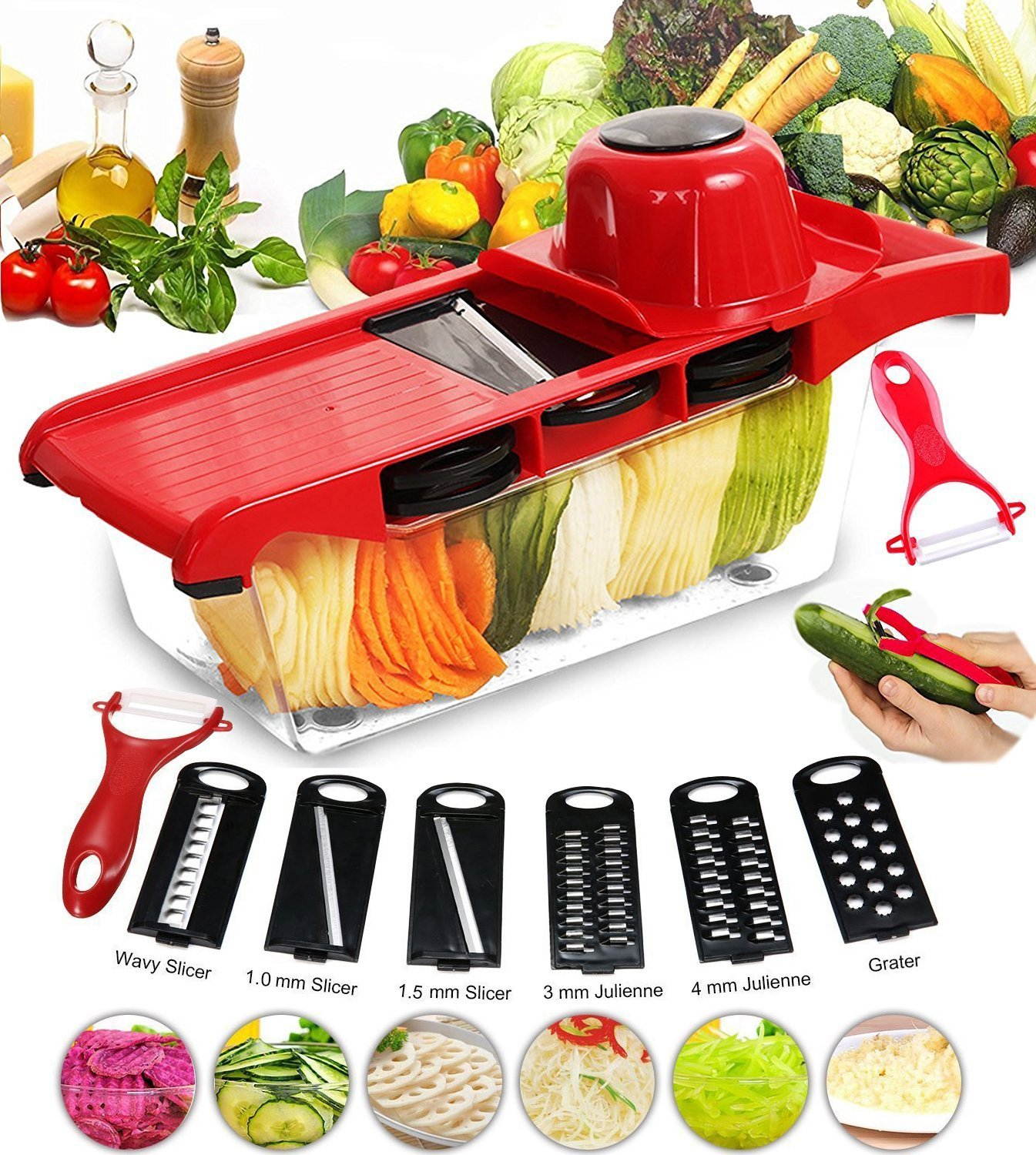 Vegetable Slicer Cutter Chopper Grater Julienne - 6 Interchangeable Blades, One Peeler, One Hand Protector, One Food Storage Container Multi-function Cutter for Fruit, Potato, Tomato, Onion, Cheese
