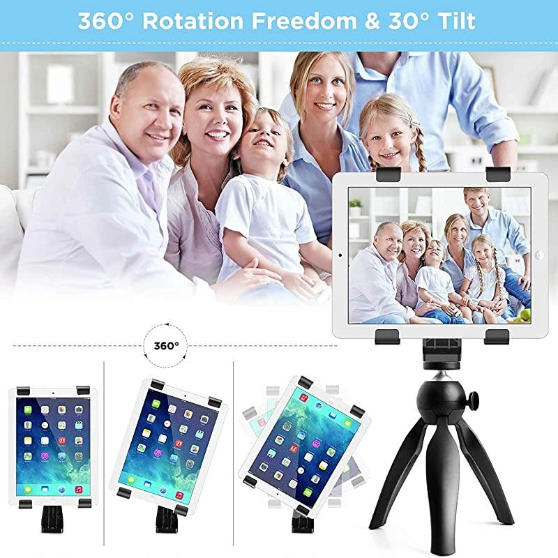 360 Degree Rotatable BreakResistant iPad Tripod Mount Adapter Universal Tablet Clamp Holder Fits Ipad Ipad Air Pro Mini Microsoft Surface Nexus for Tripod Monopod Selfie StickTabletop