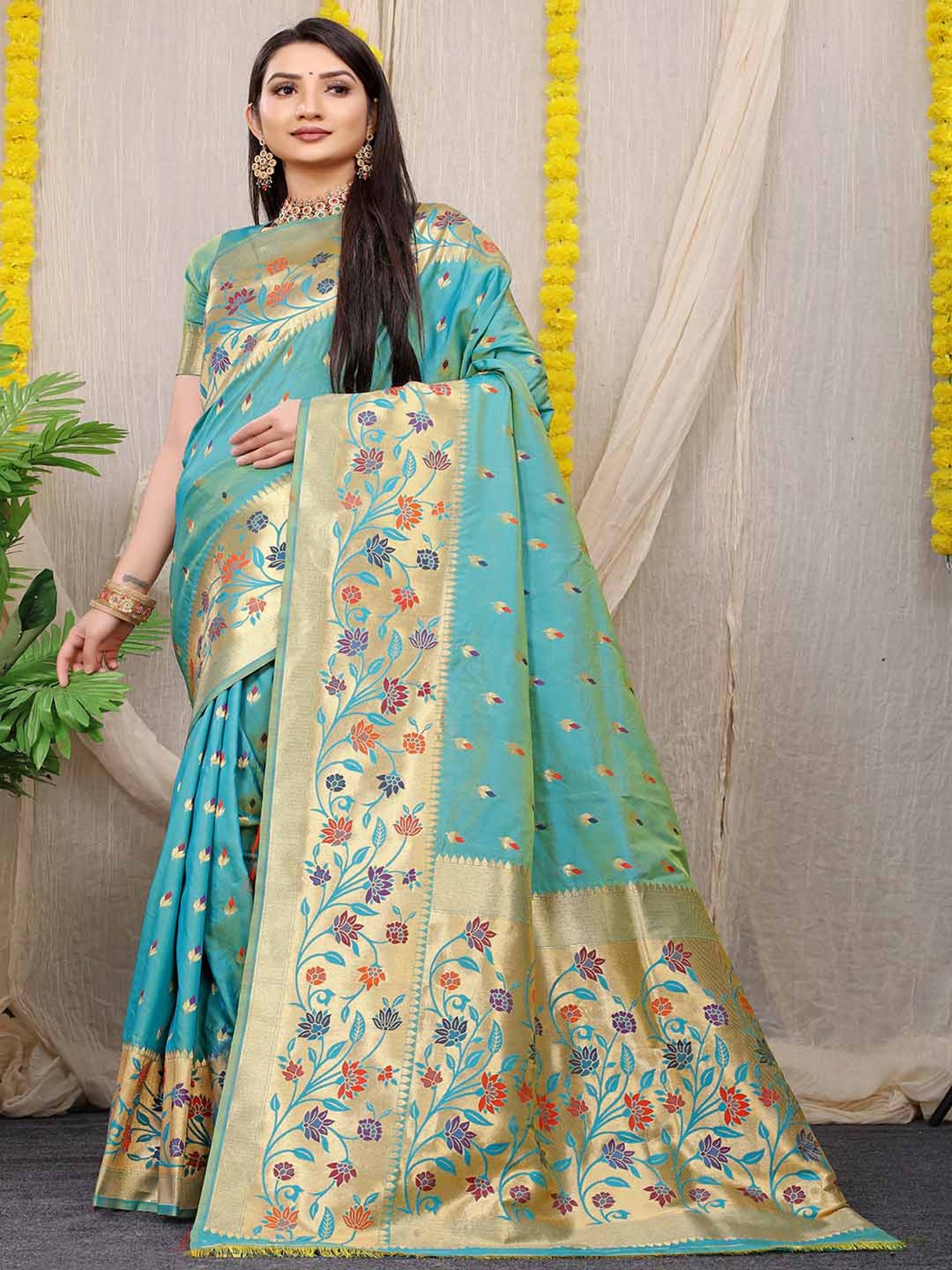 SHUBHKALA Turquoise Silk Woven Saree With Unstitched Blouse