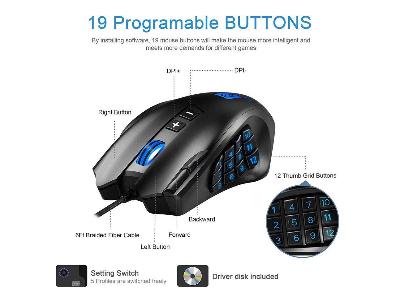 Gaming Mouse, Rytaki High-Precision 16400 DPI Laser MMO Wired Gaming Mice with 19 Programmable Buttons, 12 Side Buttons,6 Adjustable DPI Levels, Weight Tuning Cartridge for PC, Gamer-Black