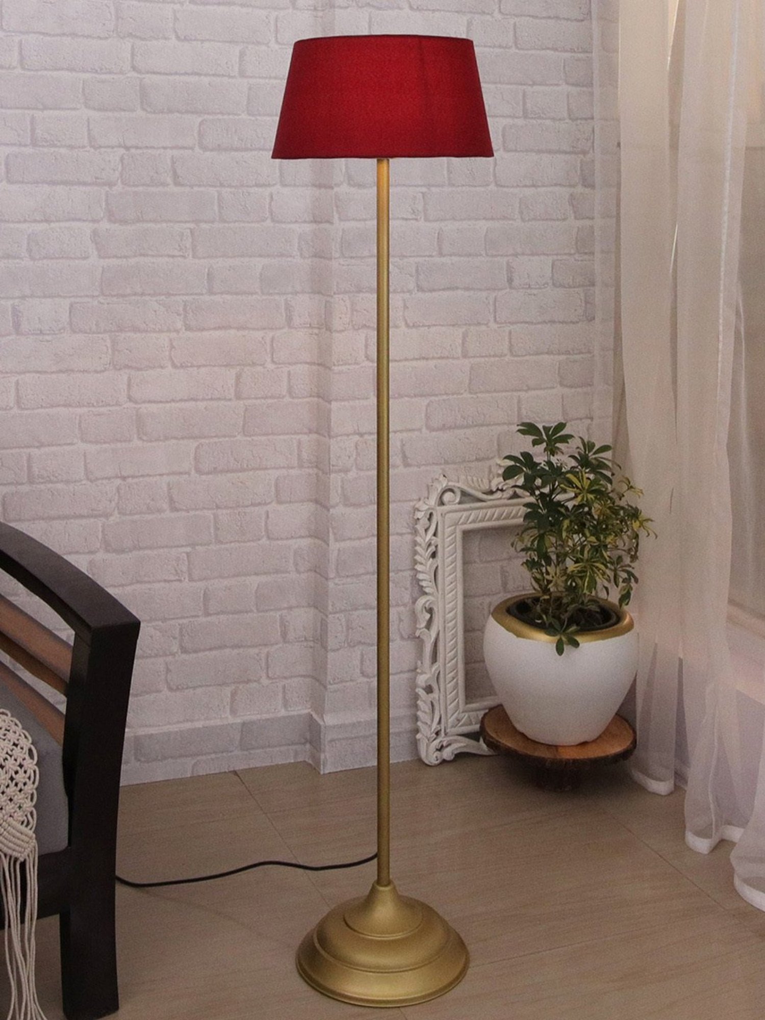 Homesake Red & Golden Metal Standing Floor Lamp with Bulb and Floor Switch (Iron Legs)